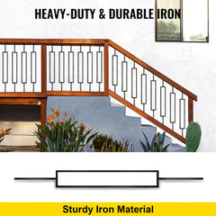 10 black iron deck balusters, 44 inches tall and 0.5 inches wide, installed on a wooden staircase railing.