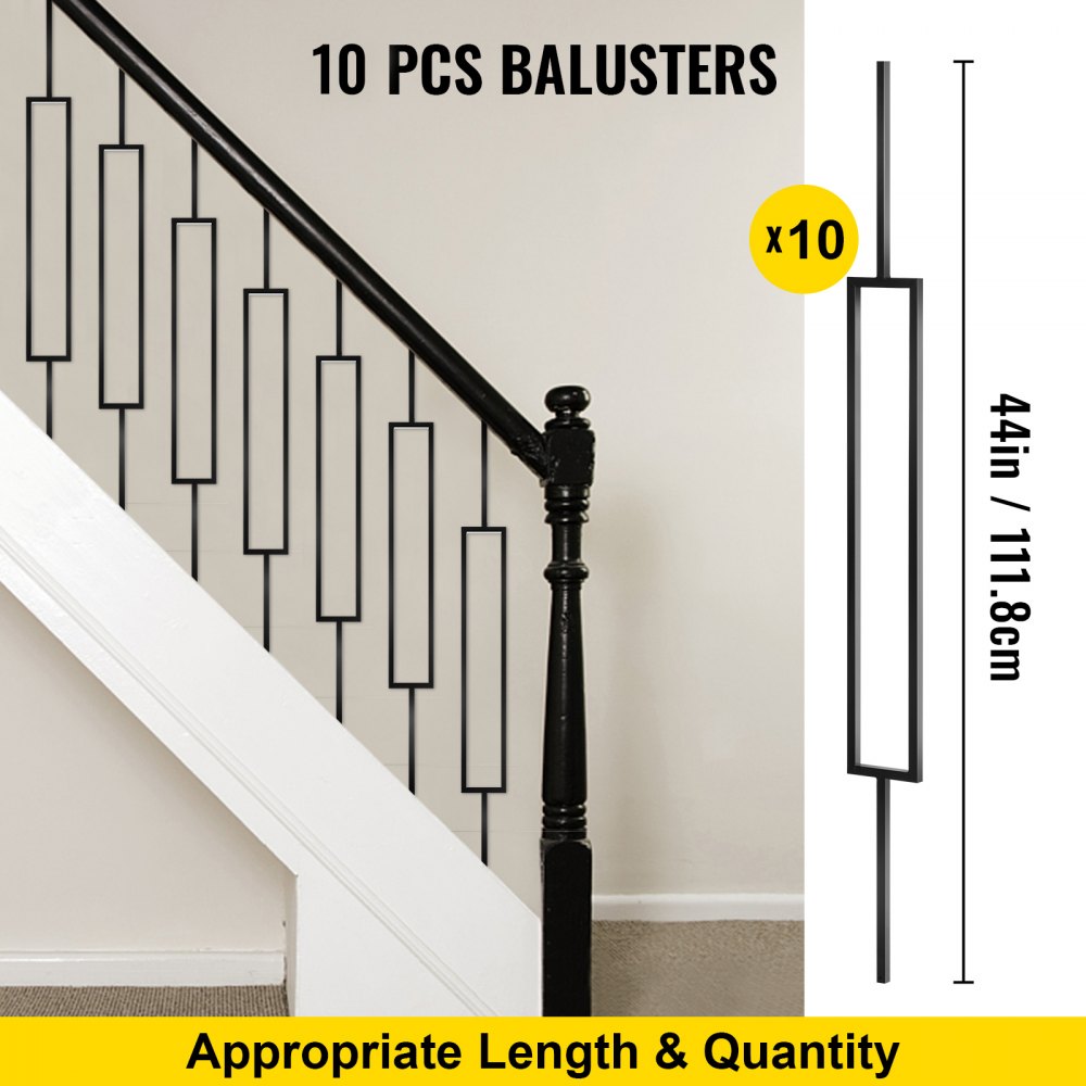 10 black iron deck balusters, each 44 inches tall and 0.5 inches wide, shown on a railing with dimensions.