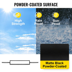 Infographic showing powder-coated matte black surface of deck balusters with high strength, rain proof, and sun proof icons.