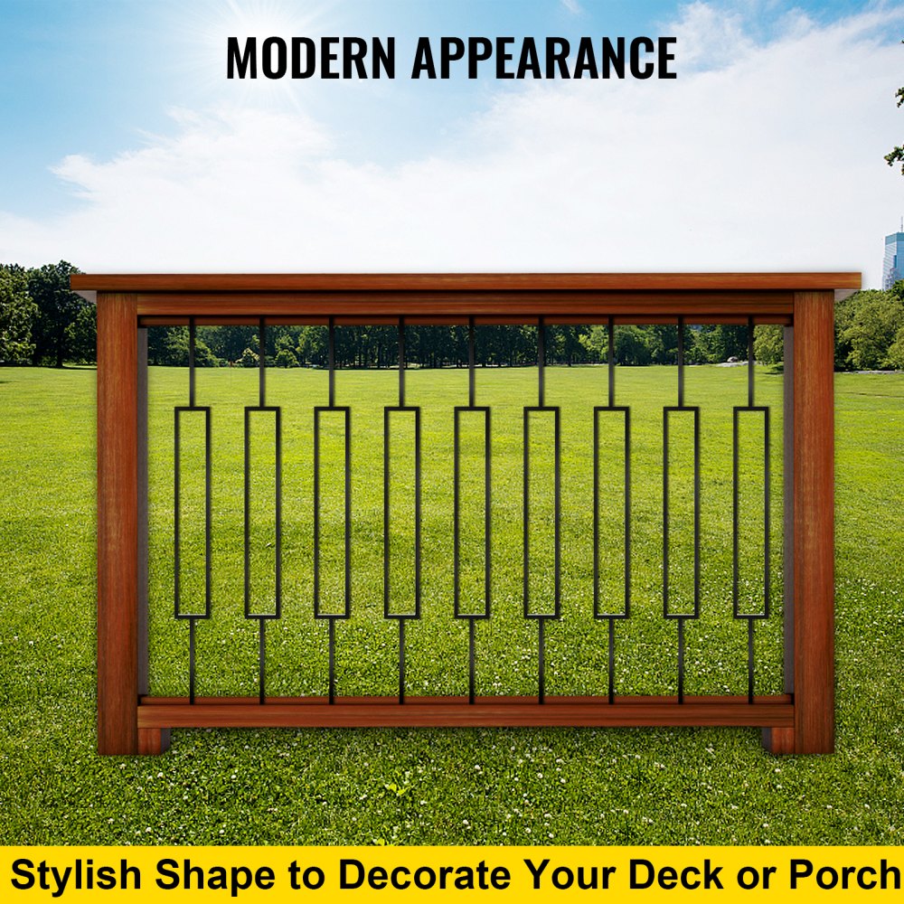 Ten black iron deck balusters, each 44 inches tall with a modern rectangular design.