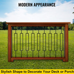 Ten black iron deck balusters, each 44 inches tall with a modern rectangular design.