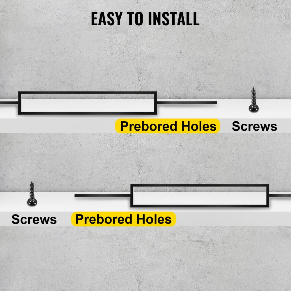 Diagram showing easy installation of black iron deck balusters with prebored holes and screws.