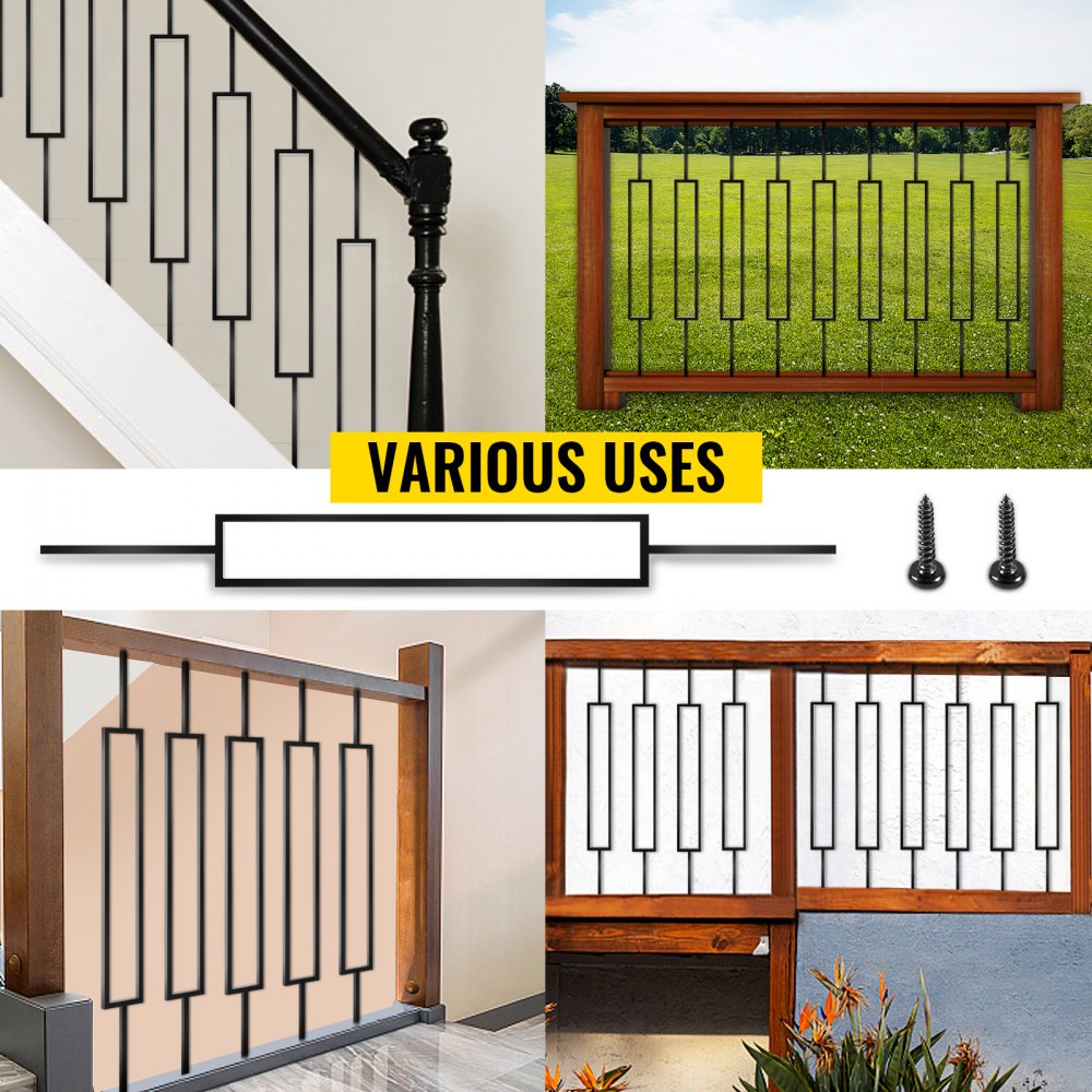 Collage showing various installations of black iron deck balusters on stairs and railings.