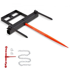 Black hay bale spear attachment with 39-inch orange spear, two stabilizers, and chain.