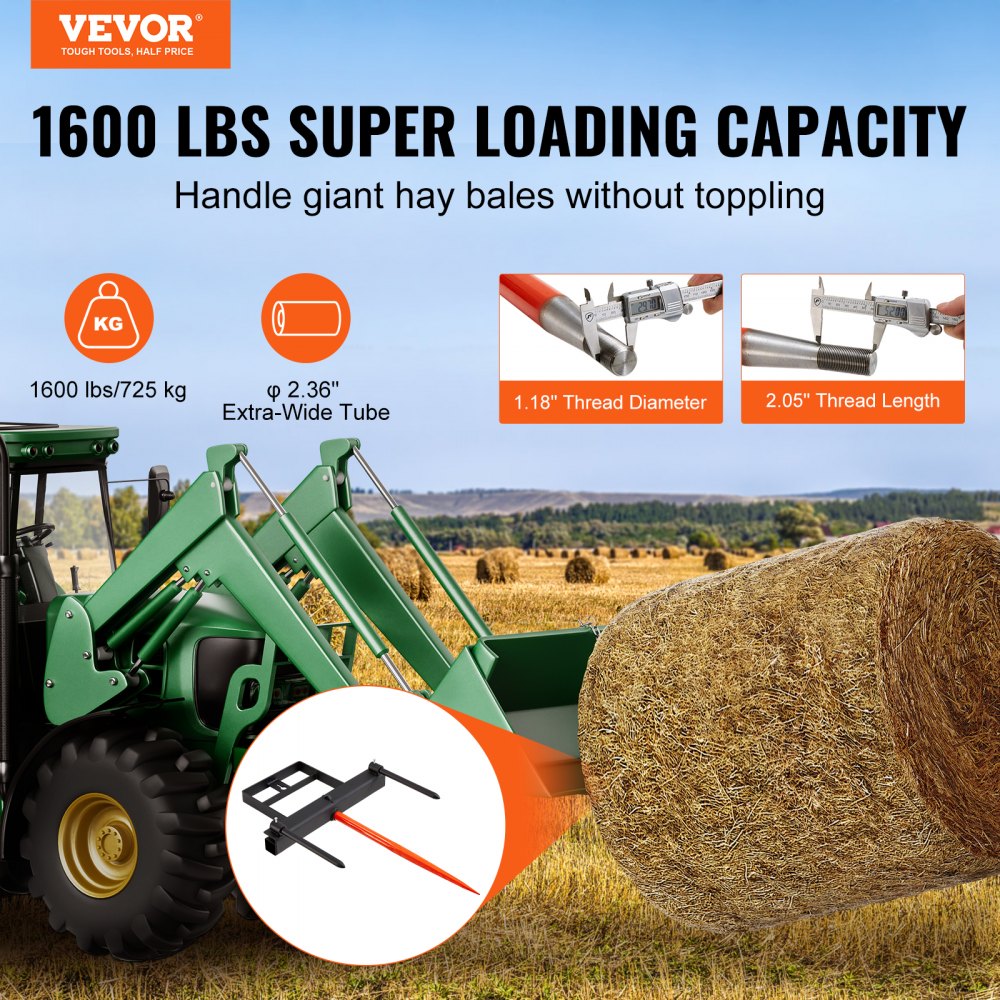 39-inch hay spear bale attachment with stabilizers and 1600 lbs capacity for tractors.