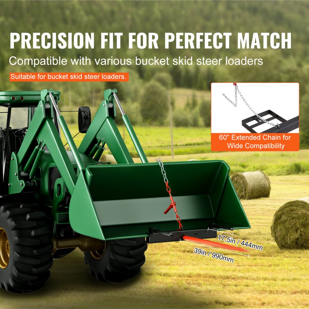 39-inch hay spear bale attachment with stabilizers and chains on a green tractor bucket.