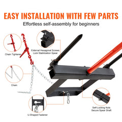 39-inch hay spear bale attachment with 1600lbs capacity, stabilizers, chains, and self-locking hardware.