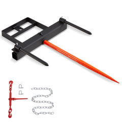 Black metal hay spear bale attachment with 39-inch orange spear, two stabilizers, quick-attach plate, and chains.