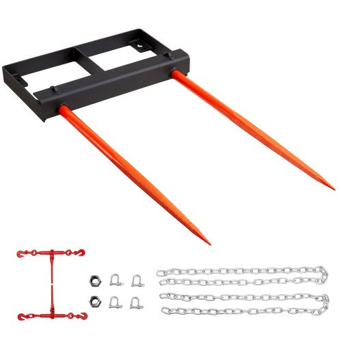 Black metal frame hay spear attachment with 49-inch orange tines and chains for skid steer tractors.