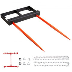Black metal frame hay spear attachment with 49-inch orange tines and chains for skid steer tractors.