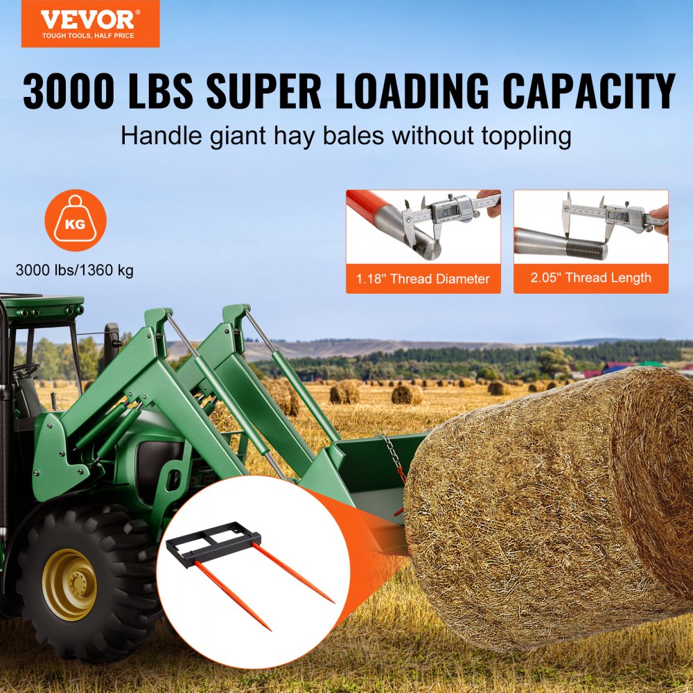 49-inch hay spear bale attachment for skid steer tractors with 3000 lbs capacity and stabilizers.