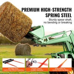 49-inch hay spear attachment for skid steer tractors, with spring steel shaft and stabilizers.