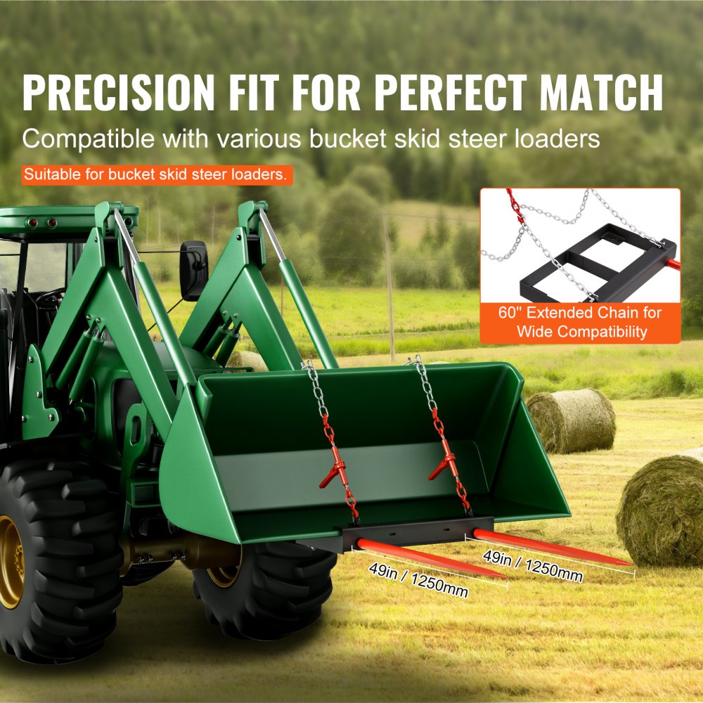 49-inch hay spear attachment for skid steer tractors with 3000lbs capacity, featuring stabilizers and chains.