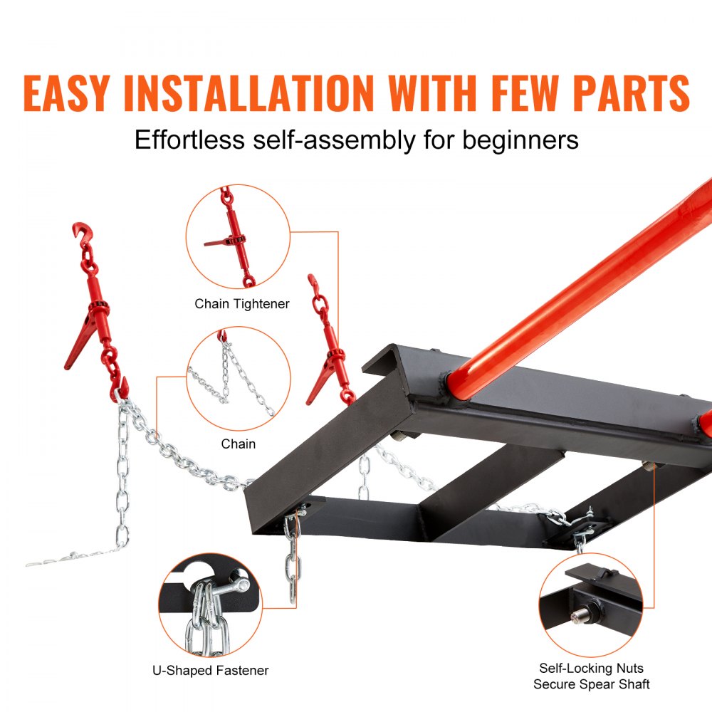 49-inch hay spear attachment for skid steer tractors with chain, spears, and self-locking nuts.