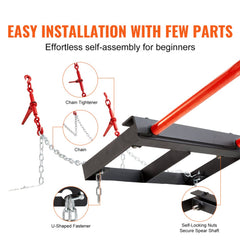 49-inch hay spear attachment for skid steer tractors with chain, spears, and self-locking nuts.
