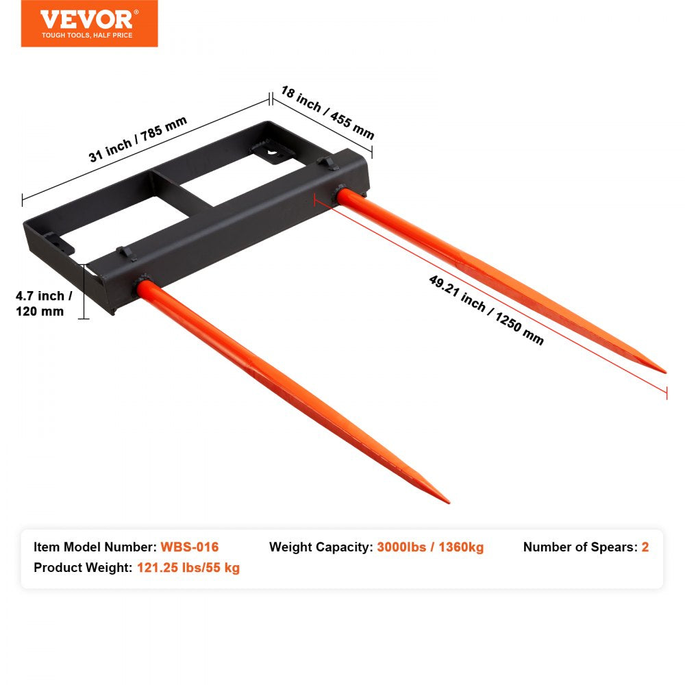 Black metal hay spear attachment with 49-inch main tine and two 17.5-inch orange stabilizers for skid steer tractors.