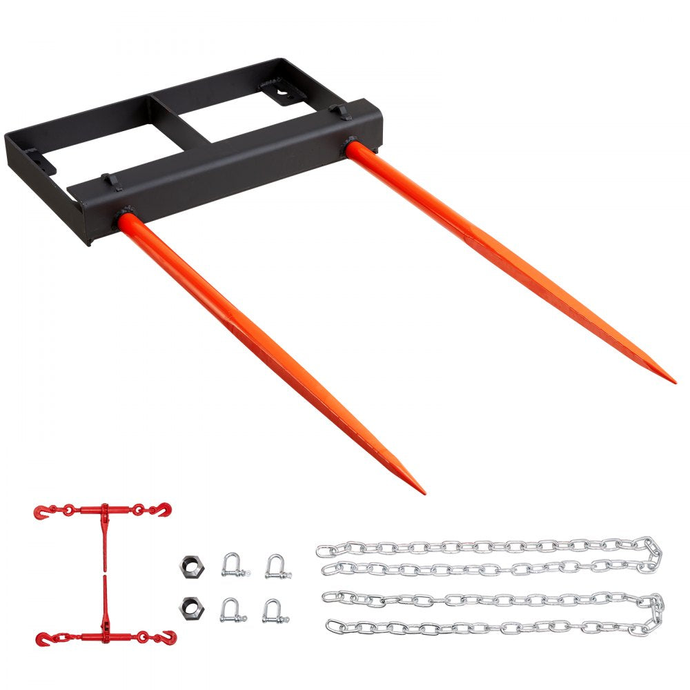 Black 49-inch hay spear attachment with orange tines and chains for skid steer tractors.