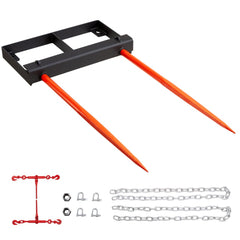 Black 49-inch hay spear attachment with orange tines and chains for skid steer tractors.