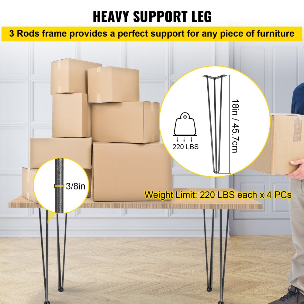 Hairpin Table Legs 18" Black Set of 4 Desk Legs 880lbs Load Capacity (Each 220lbs) Hairpin Desk Legs 3 Rods for Bench Desk Dining End Table Chairs Carbon Steel DIY Heavy Duty Furniture Legs
