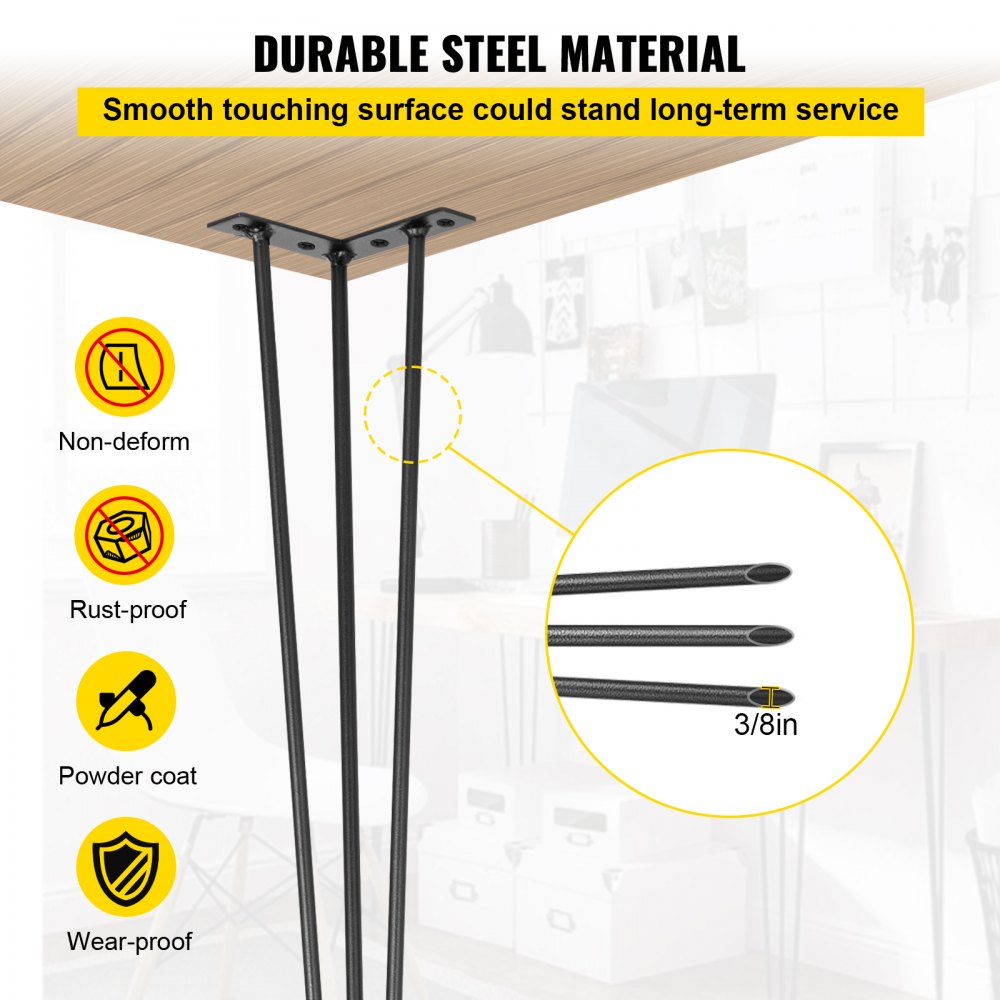 Hairpin Table Legs 18" Black Set of 4 Desk Legs 880lbs Load Capacity (Each 220lbs) Hairpin Desk Legs 3 Rods for Bench Desk Dining End Table Chairs Carbon Steel DIY Heavy Duty Furniture Legs
