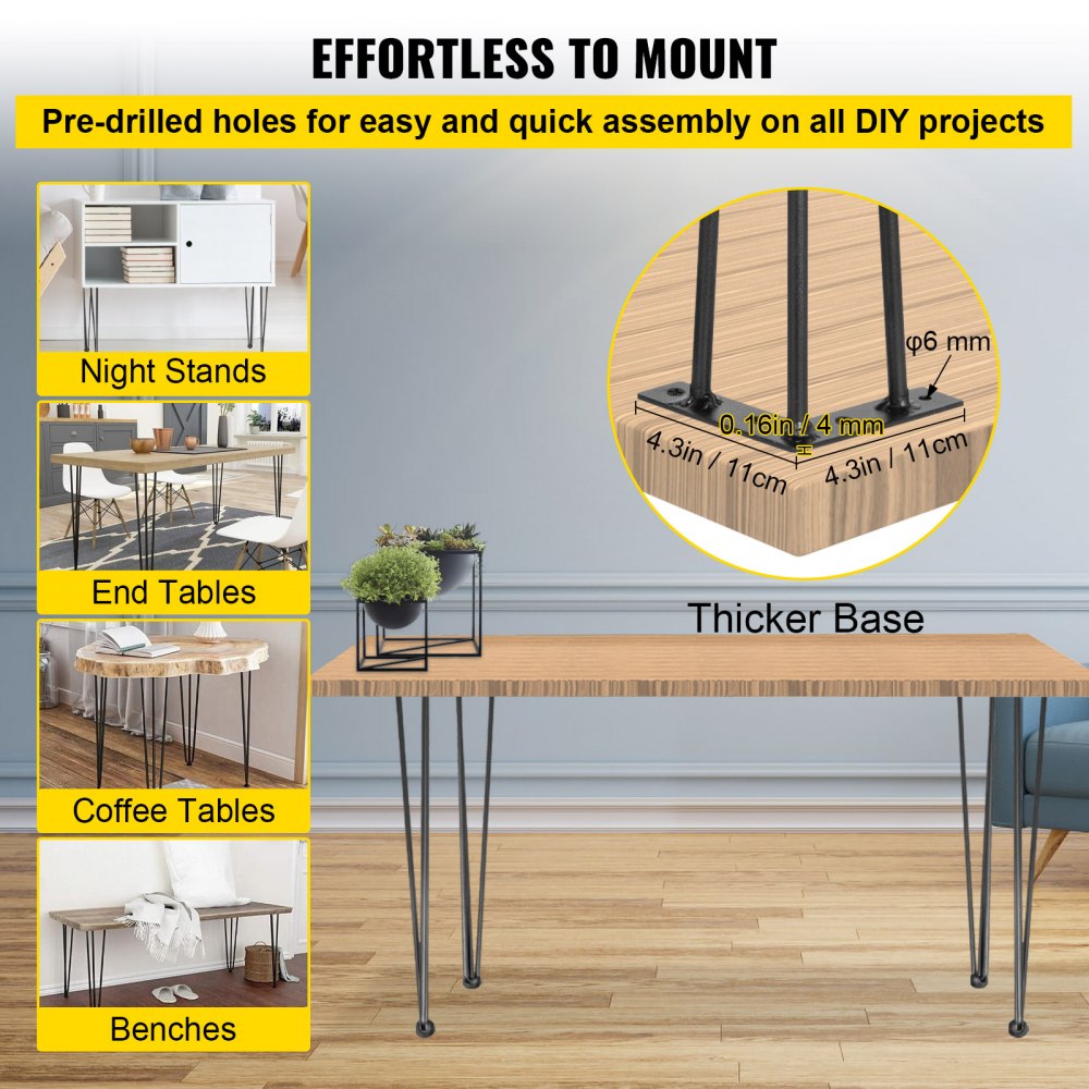 Hairpin Table Legs 18" Black Set of 4 Desk Legs 880lbs Load Capacity (Each 220lbs) Hairpin Desk Legs 3 Rods for Bench Desk Dining End Table Chairs Carbon Steel DIY Heavy Duty Furniture Legs