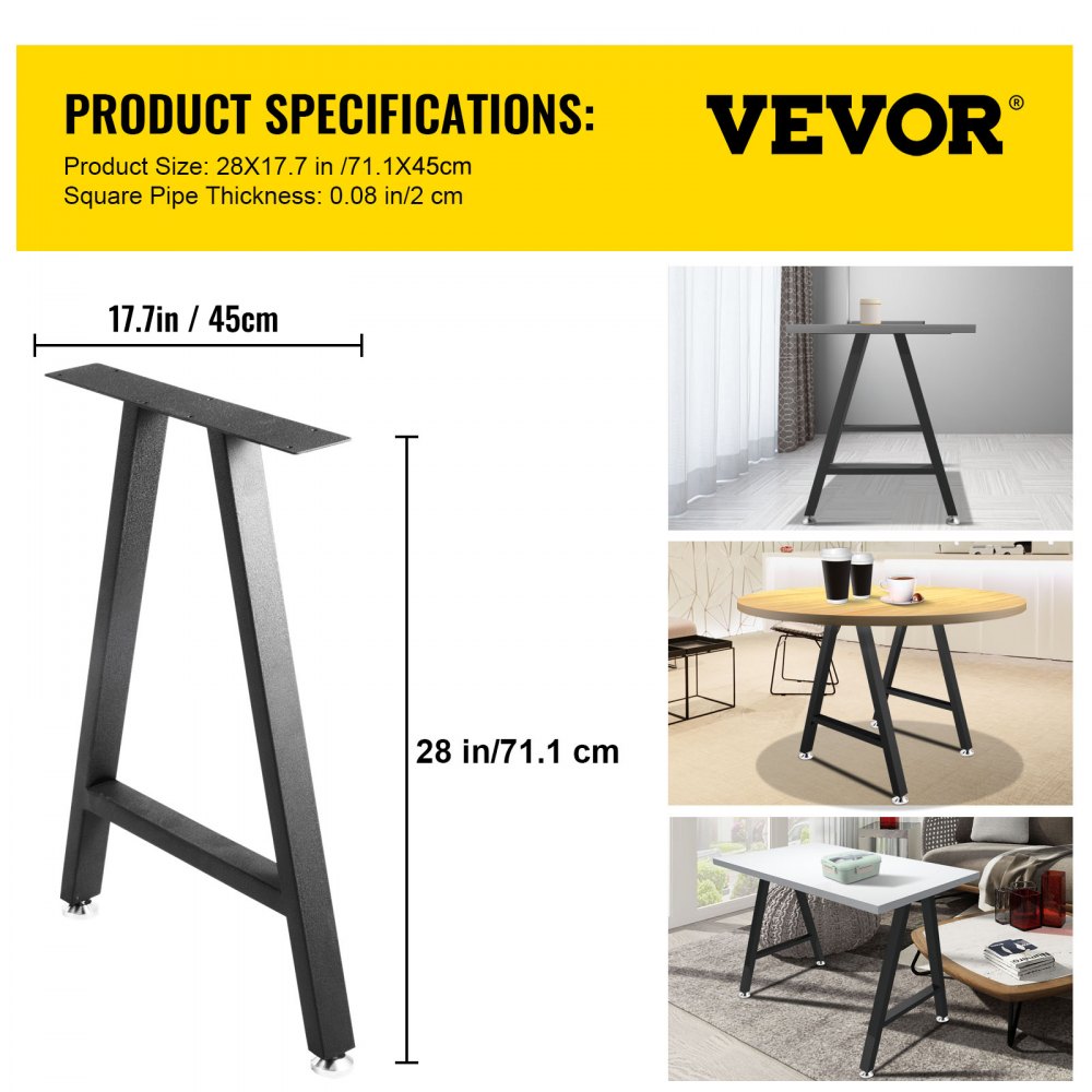 Metal Table Legs 28 x 17.7 inch A-Shaped Desk Legs Set of 2 Heavy Duty Bench Legs w/Polyurethane Coating, Furniture Legs w/ Floor Protectors, Wrought Iron Coffee Table Legs for Home DIY Black