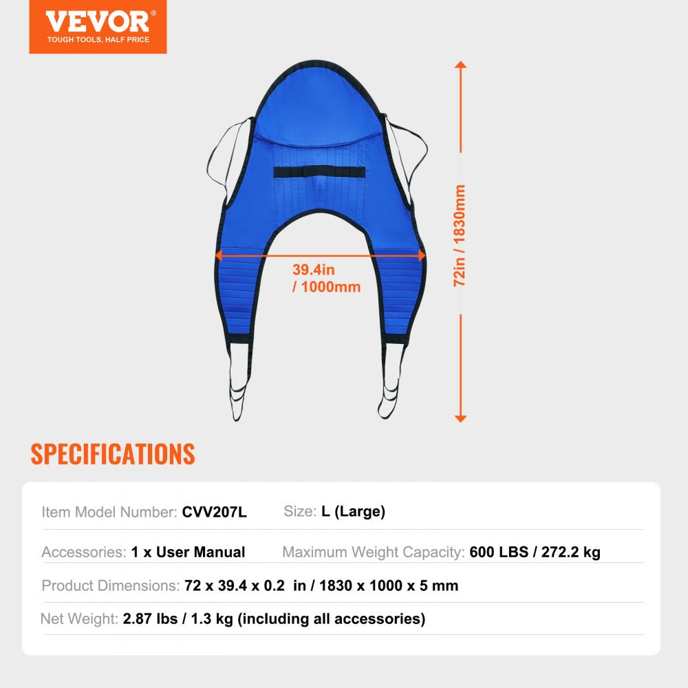 Patient Lift Sling with Head Support Large-Size U Shape Divided Leg Sling