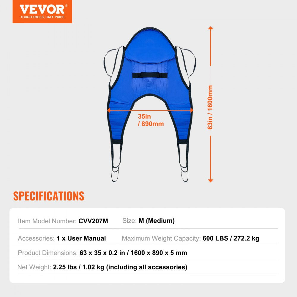 Patient Lift Sling with Head Support Medium-Size U Shape Divided Leg Sling
