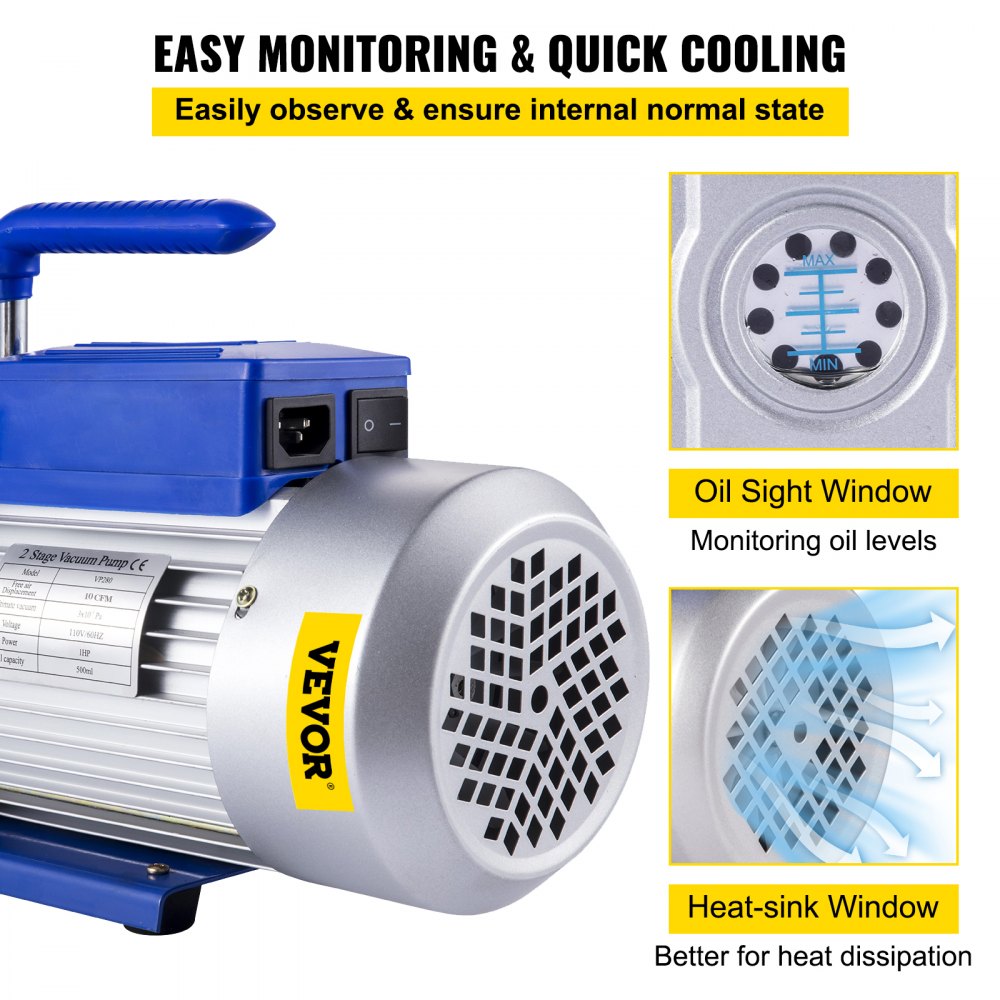 Vacuum Pump 12CFM 1HP Vane Vacuum Pump Two Stage 3 x 10-1 Pa Ultimate HVAC Rotary Auto AC Refrigerant Vacuum Pump, for Automobile Reparation Vacuum Evacuation