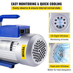 Vacuum Pump 12CFM 1HP Vane Vacuum Pump Two Stage 3 x 10-1 Pa Ultimate HVAC Rotary Auto AC Refrigerant Vacuum Pump, for Automobile Reparation Vacuum Evacuation