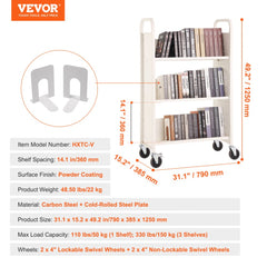 Book Cart, 330 lbs Library Cart, 31.1" x 15.2" x 49.2" Rolling Book Cart, Single Sided V-Shaped Sloped Shelves with 4-Inch Lockable Wheels for Home Shelves Office and School, Book Truck in White