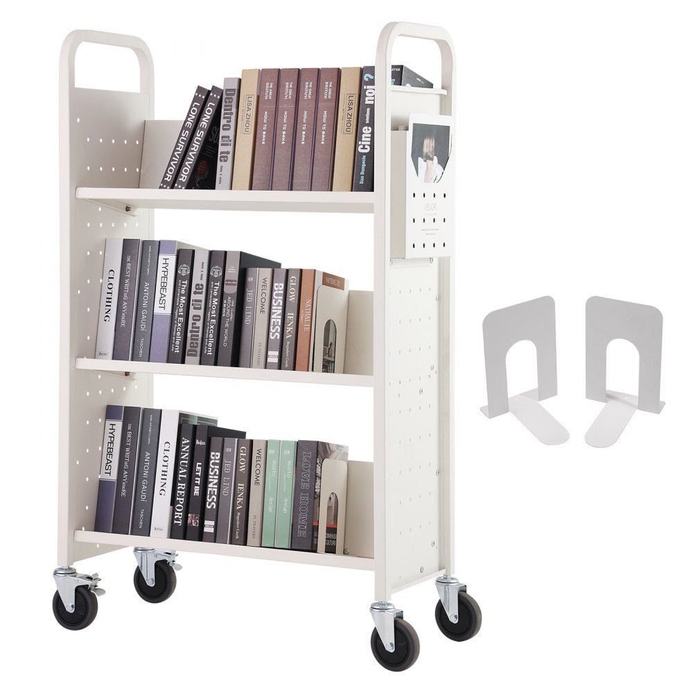 Book Cart, 330 lbs Library Cart, 31.1" x 15.2" x 49.2" Rolling Book Cart, Single Sided V-Shaped Sloped Shelves with 4-Inch Lockable Wheels for Home Shelves Office and School, Book Truck in White
