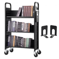 Book Cart, 330 lbs Library Cart, 31.1" x 15.2" x 49.2" Rolling Book Cart, Single Sided V-Shaped Sloped Shelves with 4-Inch Lockable Wheels for Home Shelves Office and School, Book Truck in Black
