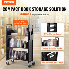 Book Cart, 330 lbs Library Cart, 31.1" x 15.2" x 49.2" Rolling Book Cart, Single Sided V-Shaped Sloped Shelves with 4-Inch Lockable Wheels for Home Shelves Office and School, Book Truck in Black