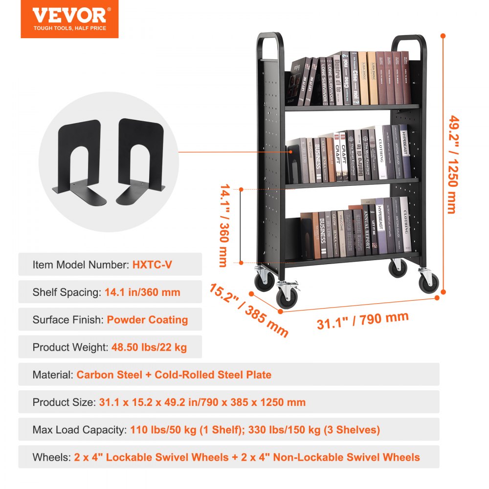 Book Cart, 330 lbs Library Cart, 31.1" x 15.2" x 49.2" Rolling Book Cart, Single Sided V-Shaped Sloped Shelves with 4-Inch Lockable Wheels for Home Shelves Office and School, Book Truck in Black