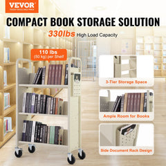 Book Cart, 330 lbs Library Cart, 31.1" x 15.2" x 49.2" Rolling Book Cart, Single Sided V-Shaped Sloped Shelves with 4-Inch Lockable Wheels for Home Shelves Office and School, Book Truck in Cream