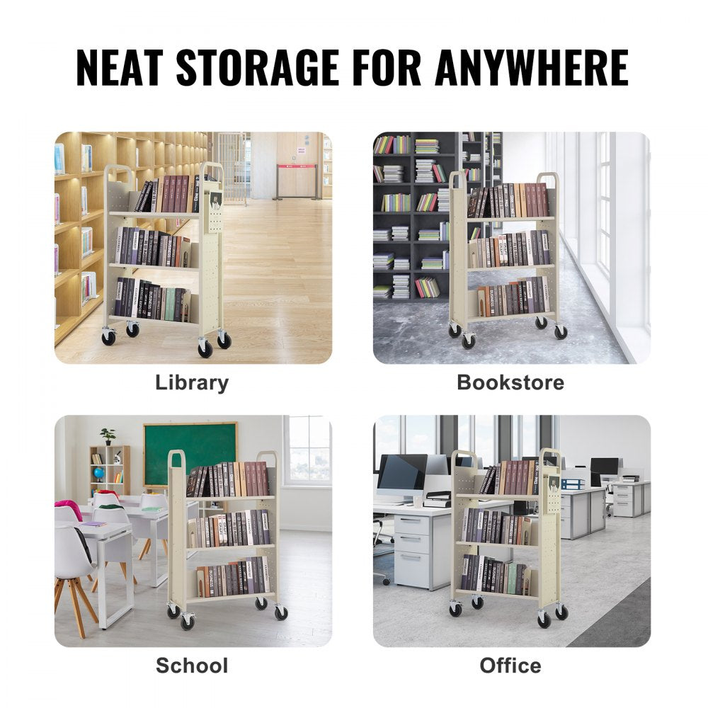 Book Cart, 330 lbs Library Cart, 31.1" x 15.2" x 49.2" Rolling Book Cart, Single Sided V-Shaped Sloped Shelves with 4-Inch Lockable Wheels for Home Shelves Office and School, Book Truck in Cream