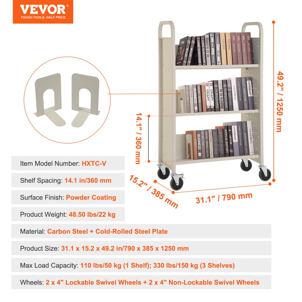 Book Cart, 330 lbs Library Cart, 31.1" x 15.2" x 49.2" Rolling Book Cart, Single Sided V-Shaped Sloped Shelves with 4-Inch Lockable Wheels for Home Shelves Office and School, Book Truck in Cream
