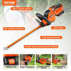 20V Cordless Hedge Trimmer, 18 inch Double-edged Steel Blade, Hedge Trimmer Kit 20V Battery, Fast Charger, and Blade Cover Included, 180° Rotating Head