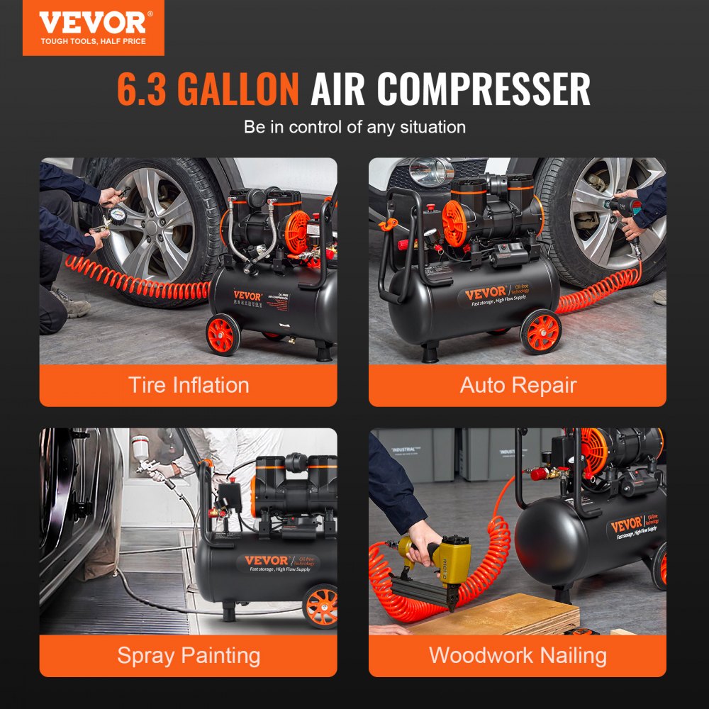 Bostome 6.3 gallon oil-free air compressor with 1450W motor, shown inflating tires and in use for auto repair, spray painting, and woodworking nailing.