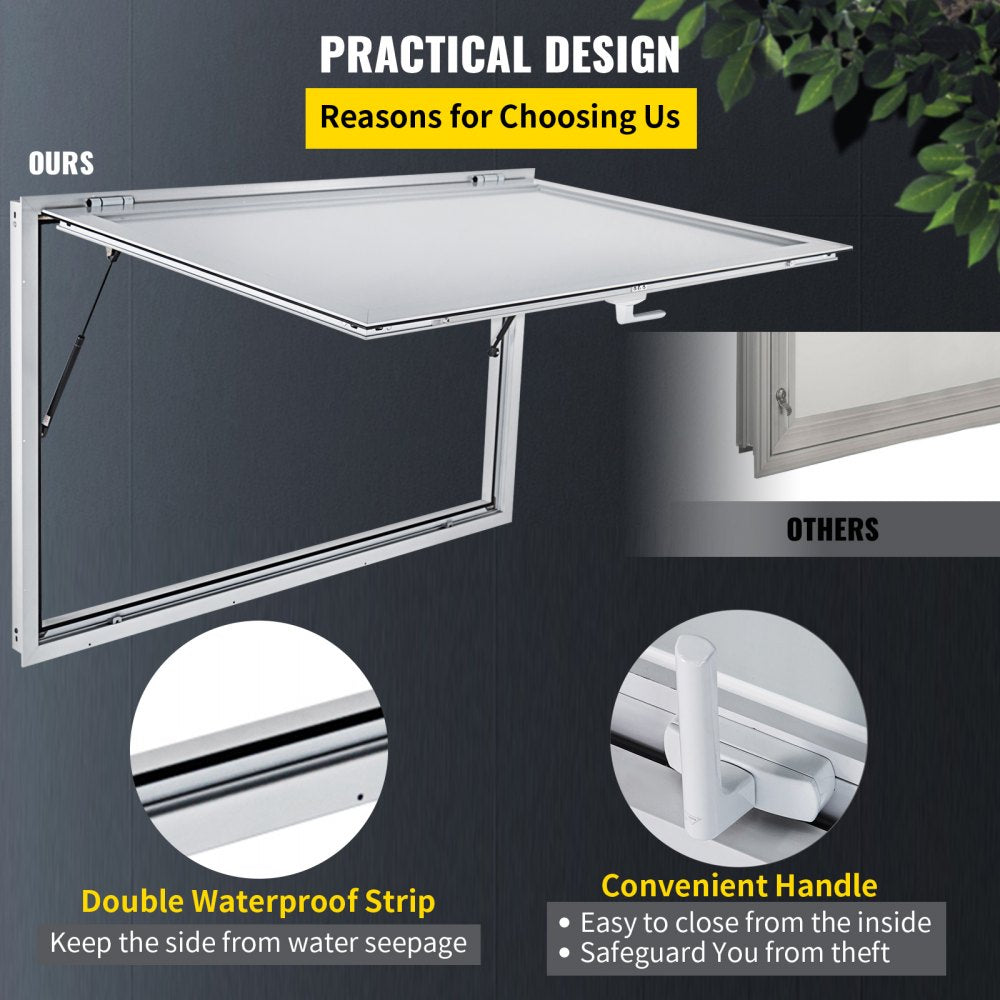 Concession Window 53 x 33 Inch, Concession Stand Serving Window Door with Double-Point Fork Lock, Concession Awning Door Up to 85 degrees for Food Trucks, Glass Not Included