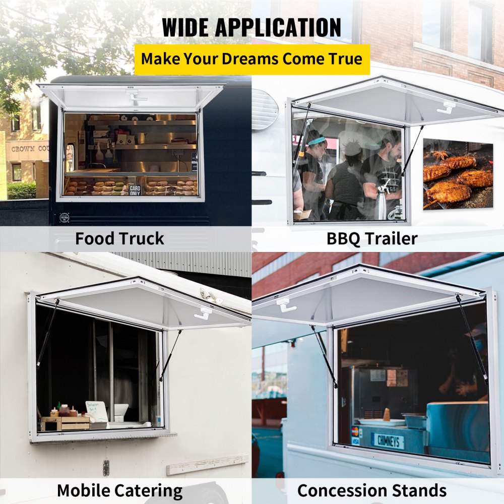 Concession Window 53 x 33 Inch, Concession Stand Serving Window Door with Double-Point Fork Lock, Concession Awning Door Up to 85 degrees for Food Trucks, Glass Not Included