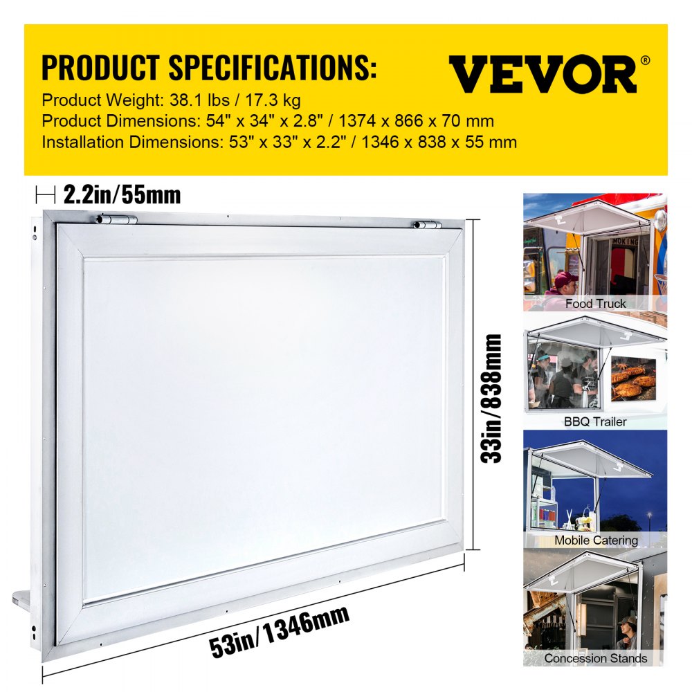 Concession Window 53 x 33 Inch, Concession Stand Serving Window Door with Double-Point Fork Lock, Concession Awning Door Up to 85 degrees for Food Trucks, Glass Not Included