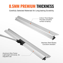 Stainless steel 48" drywall skimming blade with lightweight aluminum frame for smooth application.