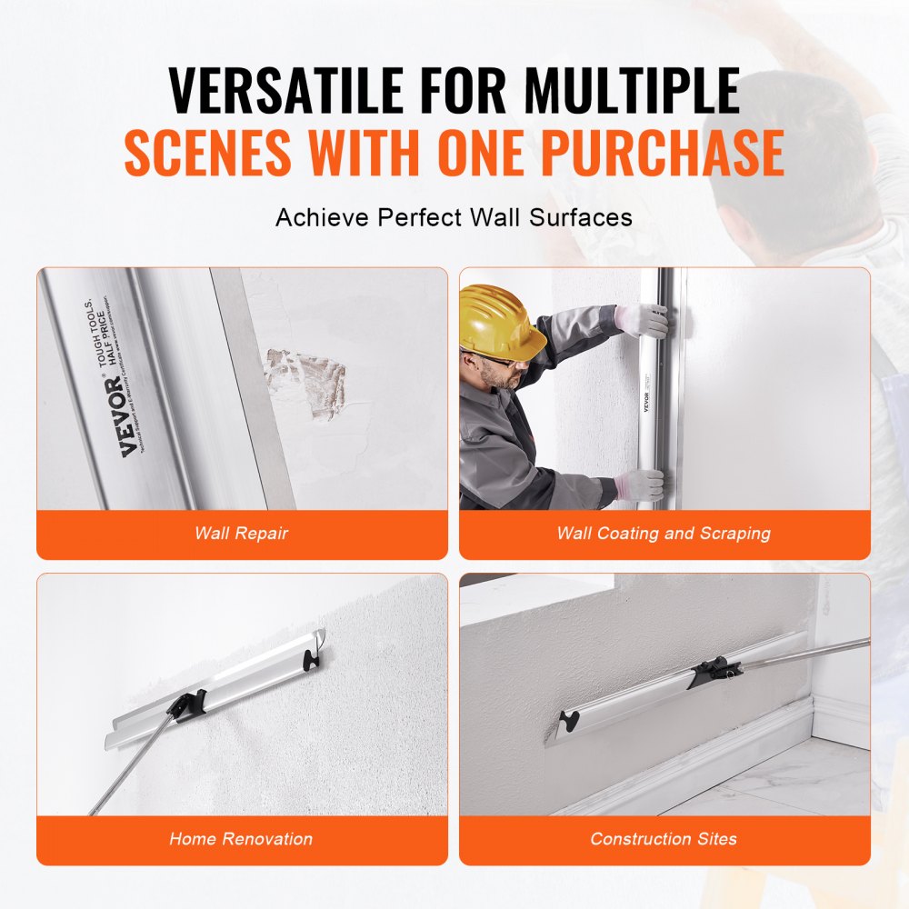 Stainless steel 48-inch drywall skimming blade with a lightweight aluminum frame for smooth application.