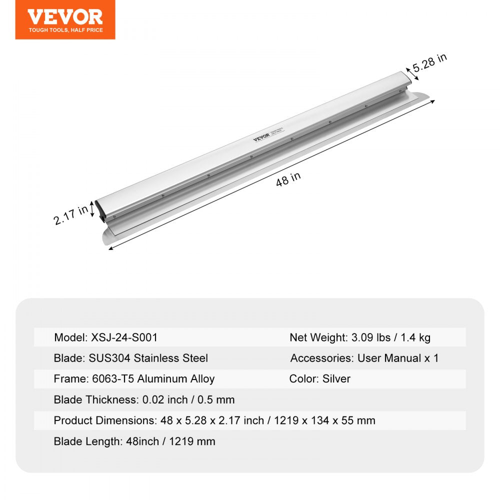 Stainless steel 48-inch drywall skimming blade with lightweight aluminum frame for smooth application.