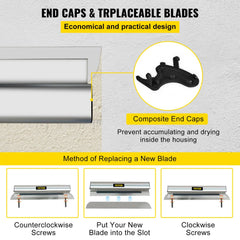 Diagram of Bostome 40-inch stainless steel drywall skimming blade showing composite end caps, replaceable blades, and installation steps.