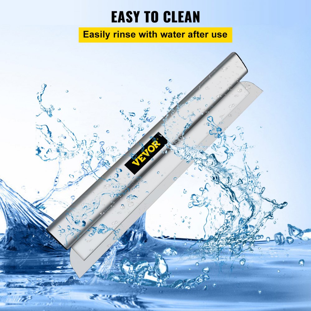 A 40-inch stainless steel drywall skimming blade with VYOR branding, shown rinsing under water.