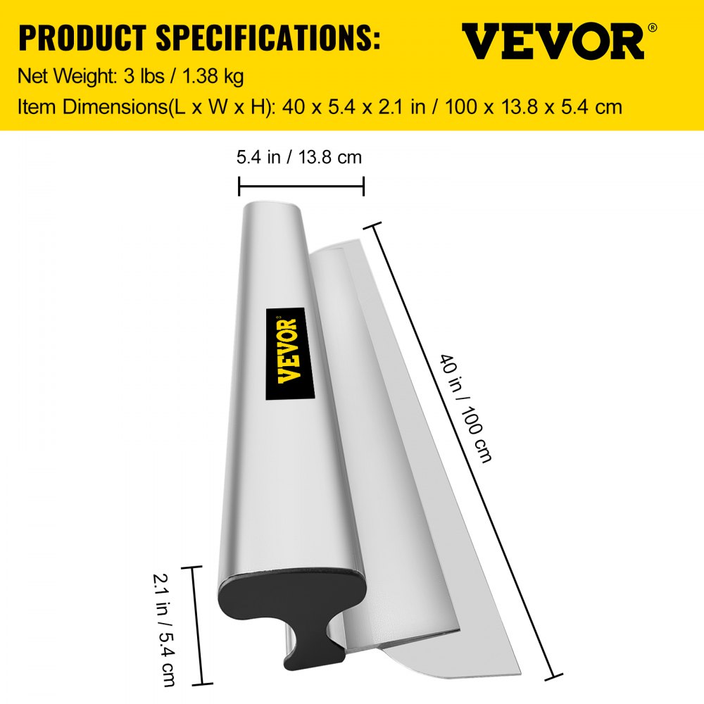 40-inch stainless steel drywall skimming blade with dimensions and 3 lb weight shown.