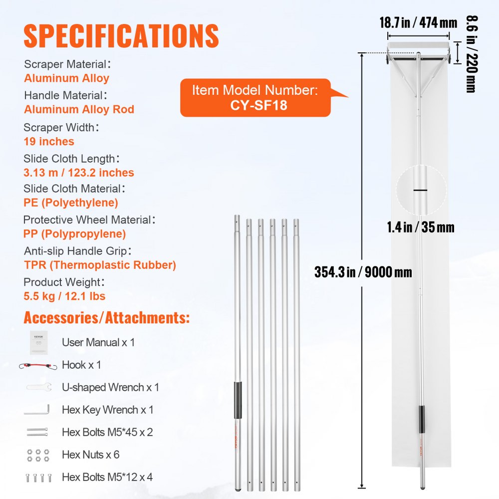 Snow Roof Rake, 30ft Reach Aluminium Roof Shovel with Slide Cloth, Premium 19" Blade Snow Removal Tool, Safe on Roof with Roll Wheels, Anti-Slip Handle, Use for House Roof, Car Snow, Wet Leaves